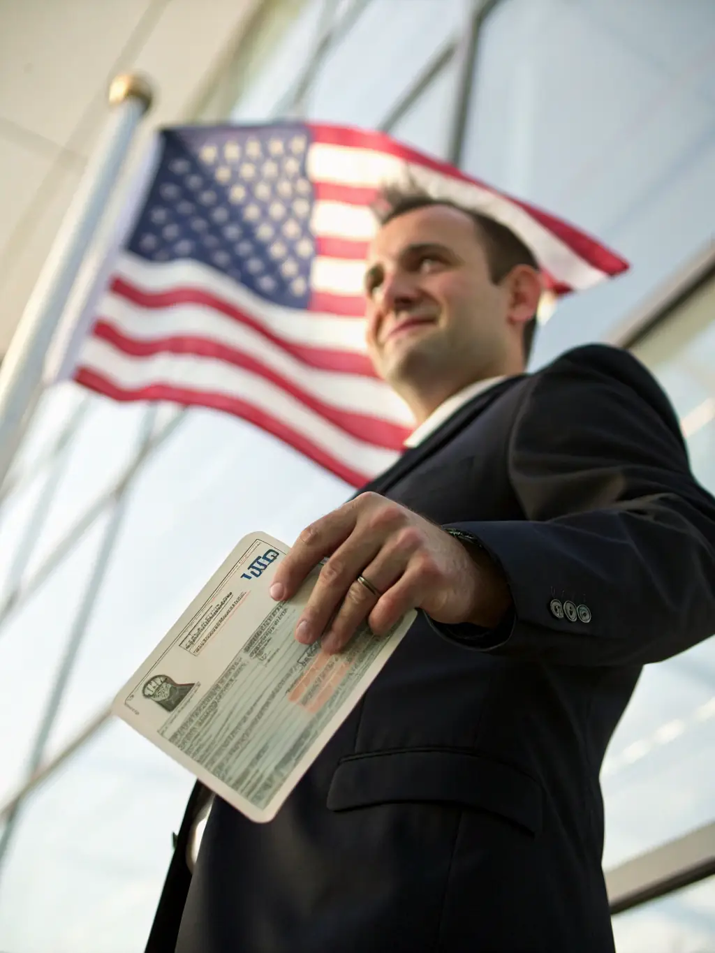 An image of a professional in a business setting, holding a green card, with a US flag in the background, representing EB-1, EB-2, and EB-3 visas.