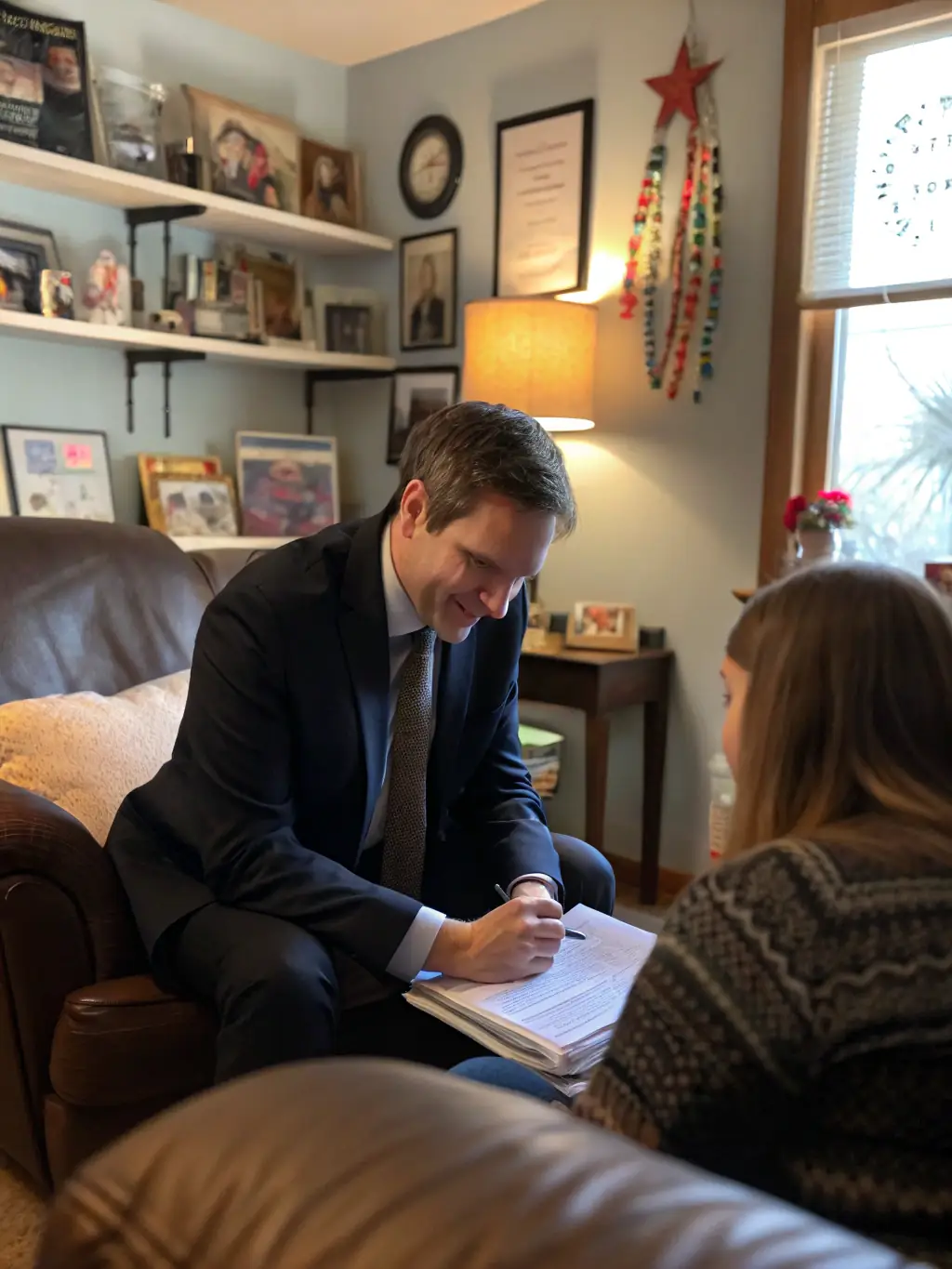 An empathetic image of a client speaking privately with an attorney in a confidential setting, symbolizing the sensitive nature of VAWA cases.