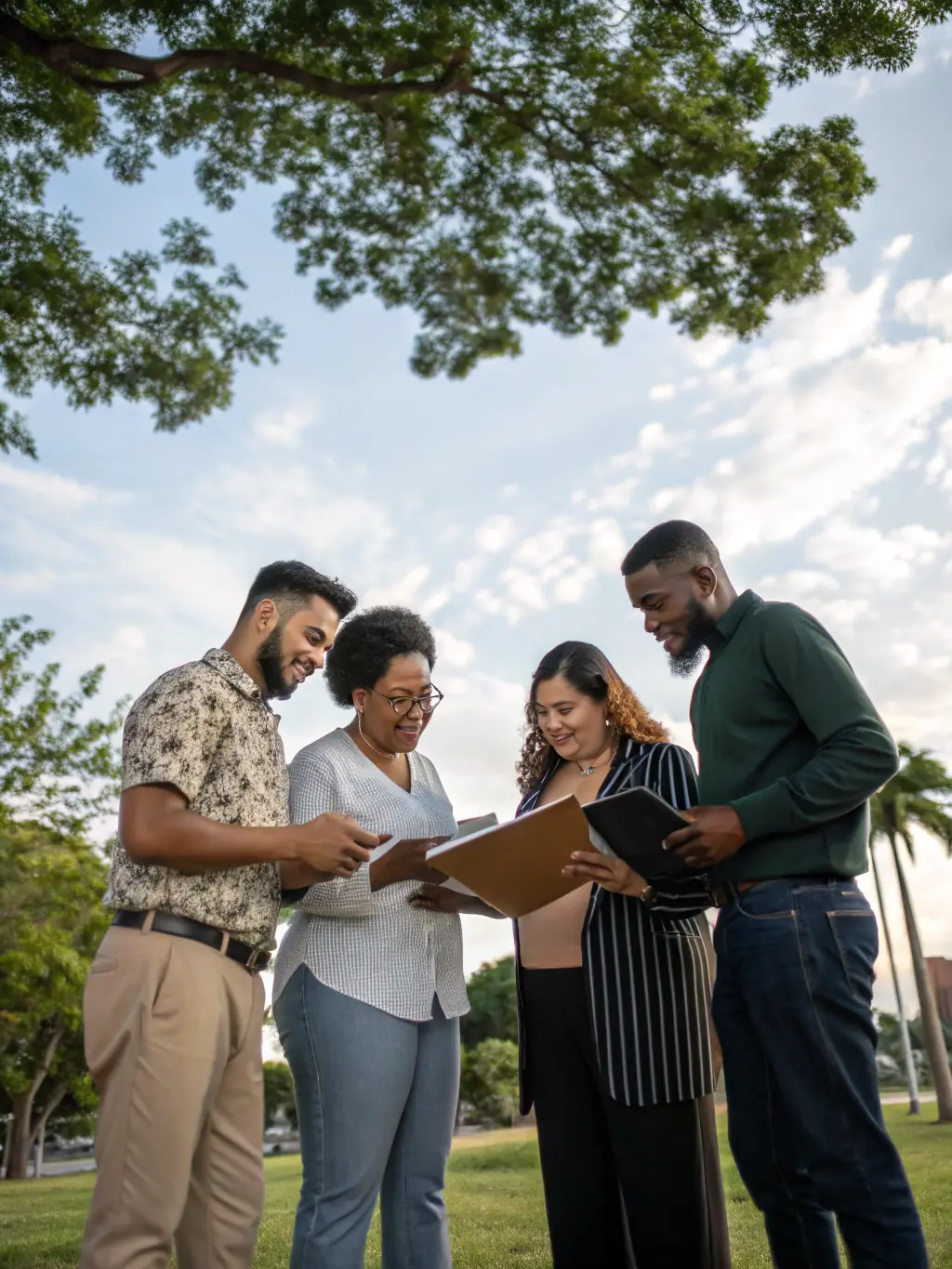 A photograph depicting a diverse group of people standing together, symbolizing community and support for victims of crime and human trafficking, suitable for the T Visa and U Visa section of an immigration law firm's website.